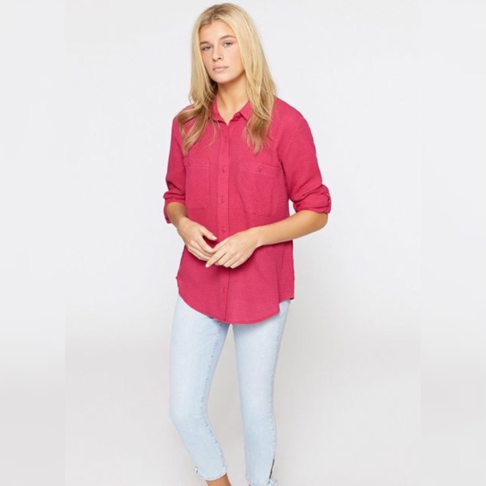 [Sanctuary] NEW Hot Pink Tomboy Button Roll Sleeve